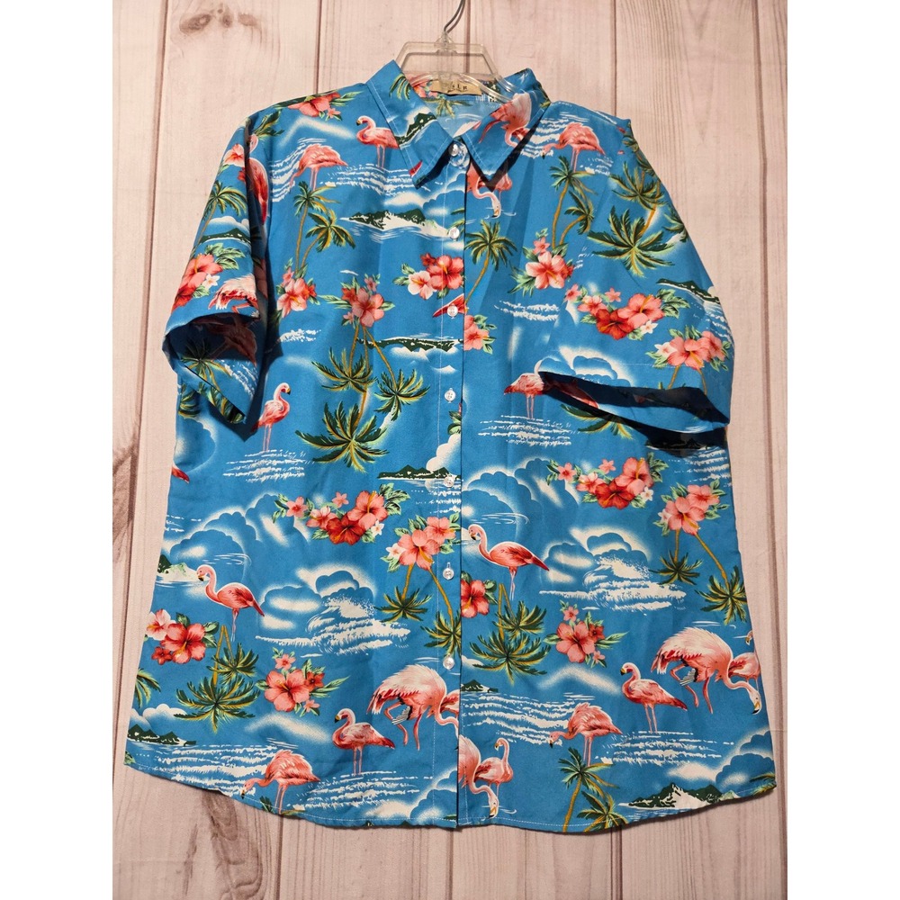 SSLR Womens 2XL Flamingo Hibiscus Tropical Hawaiian Button Down Shirt Blue Sky